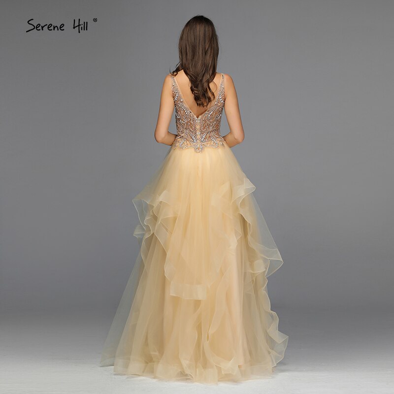 On Sale No Return No Refund Sale Gold V-Neck Beading Diamond Evening Dressese A-Line Sleeveless Sexy Evening Gowns Design 2025 Serene Hill LA70149 - SERENE HILL