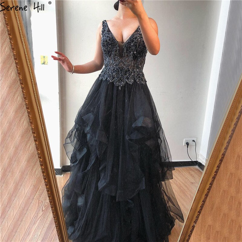 On Sale No Return No Refund Sale Gold V-Neck Beading Diamond Evening Dressese A-Line Sleeveless Sexy Evening Gowns Design 2025 Serene Hill LA70149 - SERENE HILL