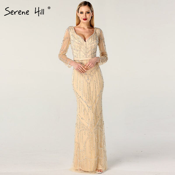 On Sale no return no refundSale Gold V-Neck Dubai Design Sexy Evening Dresses Luxury Long Sleeves Beading Crystal Evening Gowns 2025 Serene Hill LA60831