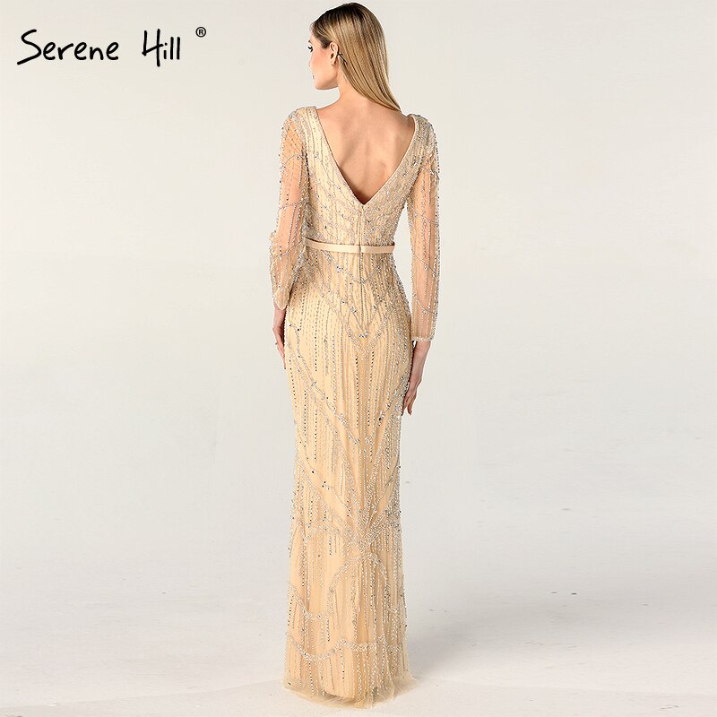 On Sale no return no refundSale Gold V-Neck Dubai Design Sexy Evening Dresses Luxury Long Sleeves Beading Crystal Evening Gowns 2025 Serene Hill LA60831 - SERENE HILL