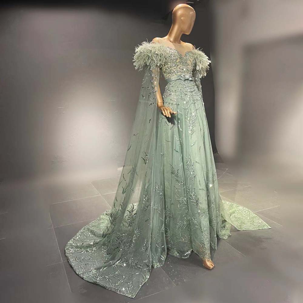 Green Capes Sleeves Luxury Evening Dresses Gowns 2025 Beaded Feather Elegant For Women Party Serene Hill LA71521 - SERENE HILL