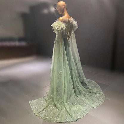 Green Capes Sleeves Luxury Evening Dresses Gowns 2025 Beaded Feather Elegant For Women Party Serene Hill LA71521 - SERENE HILL