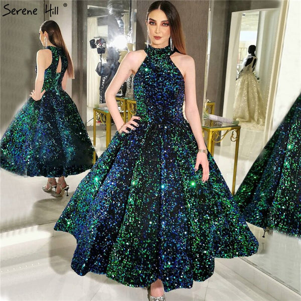 Green O-Neck Sexy Luxury Ankle-Length Evening Gowns 2025 Sleeveless Sequins Sparkle Formal Dress Serene Hill HA2063