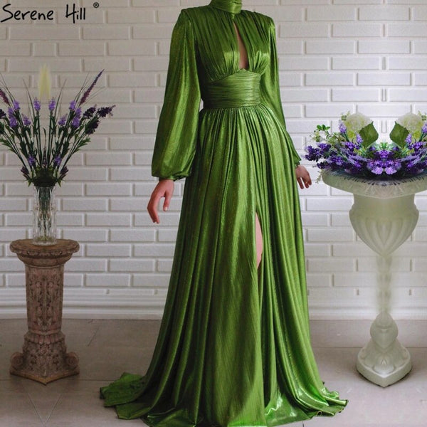 Green Satin A-Line Classy Long Sleeves Silk Evening Dress LA70554