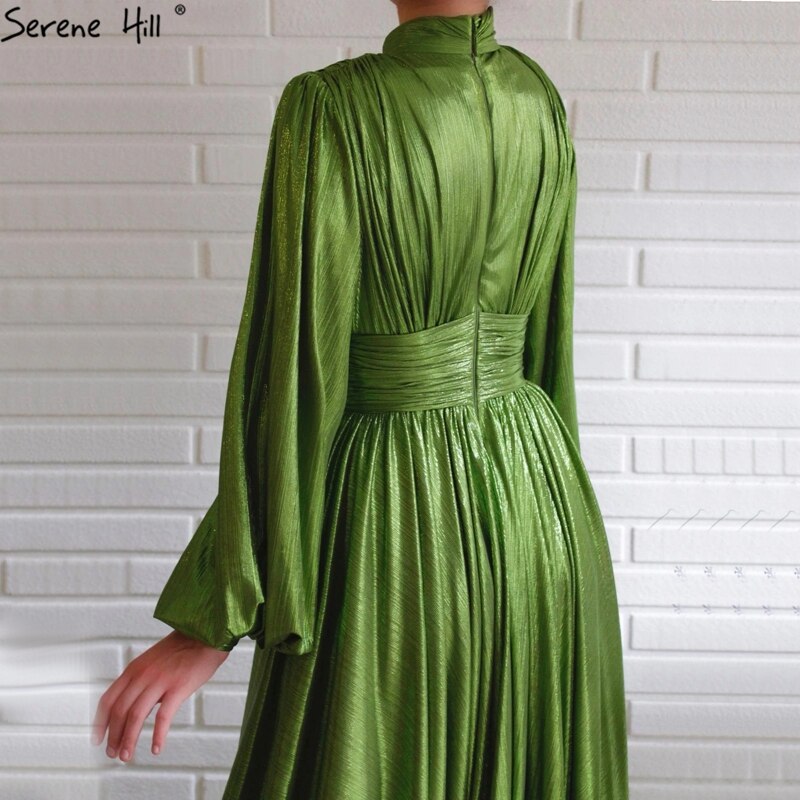 Green Satin A-Line Classy Long Sleeves Silk Evening Dress LA70554 - SERENE HILL