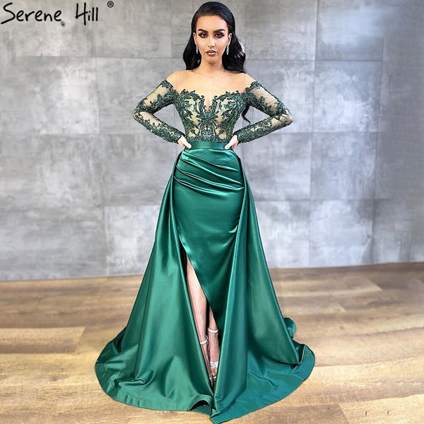 Green Satin   Detachable Skirt Long Sleeves Sexy Evening Dresses 2025 Mermaid Formal Dress Design Serene Hill LA70343