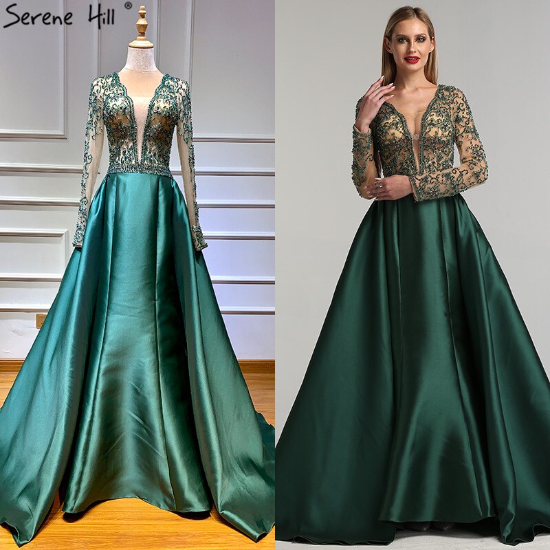 On Sale no return no refund Green V-Neck Satin Long Dresses Evening Long Sleeves Pearls Beading Evening Gowns 2025 Serene Hill LA6312 - SERENE HILL