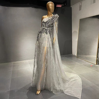 Grey Luxury Beaded A-Line Evening Dresses Gowns 2025 One Shoulder Cape Sleeve For Women Party Serene Hill LA71626 - SERENE HILL