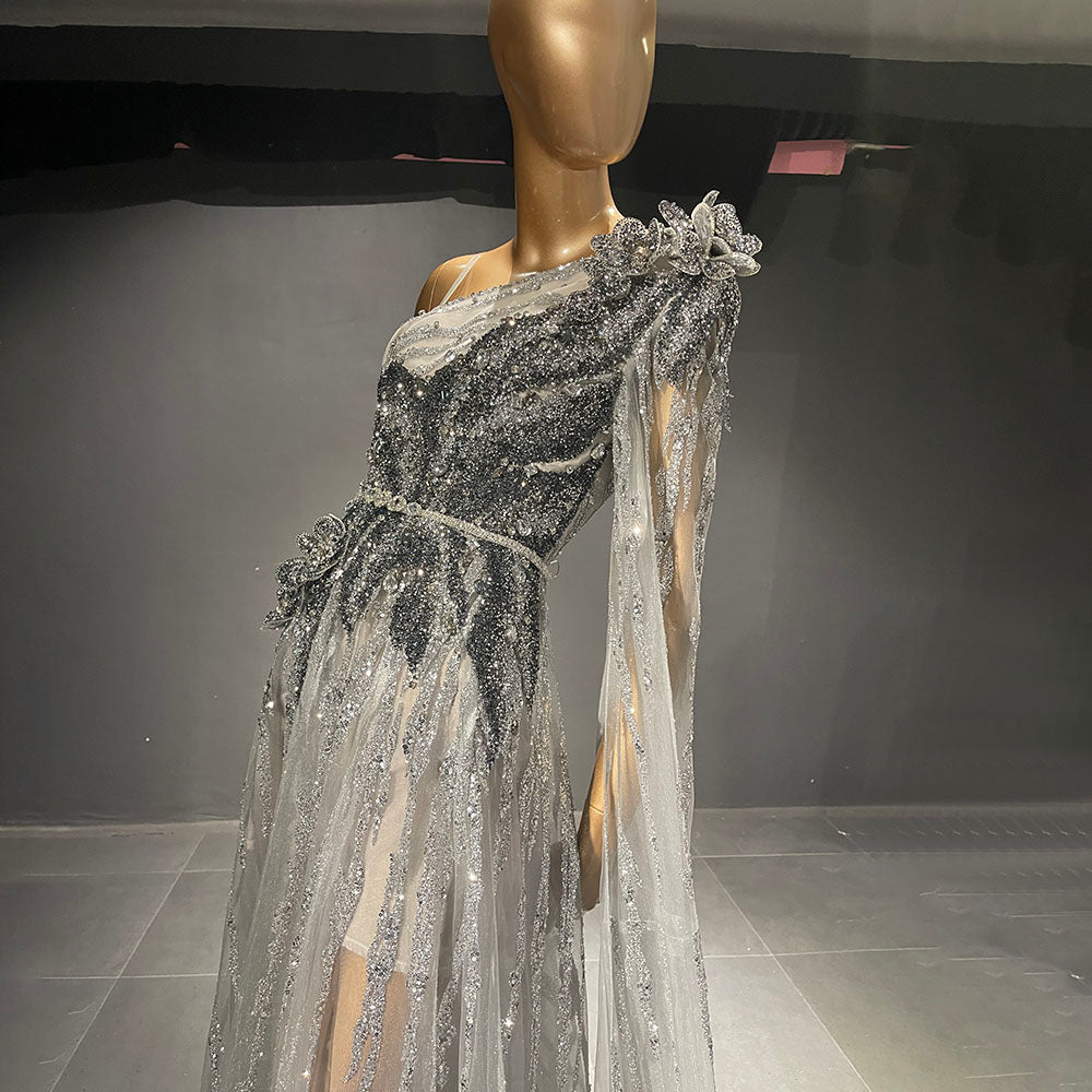 Grey Luxury Beaded A-Line Evening Dresses Gowns 2025 One Shoulder Cape Sleeve For Women Party Serene Hill LA71626 - SERENE HILL