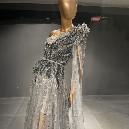 Grey Luxury Beaded A-Line Evening Dresses Gowns 2025 One Shoulder Cape Sleeve For Women Party Serene Hill LA71626 - SERENE HILL