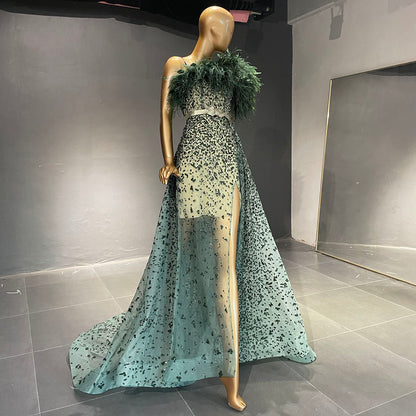 Grey Luxury Beaded A-Line Evening Dresses Gowns 2025 One Shoulder Cape Sleeve For Women Party Serene Hill LA71626 - SERENE HILL