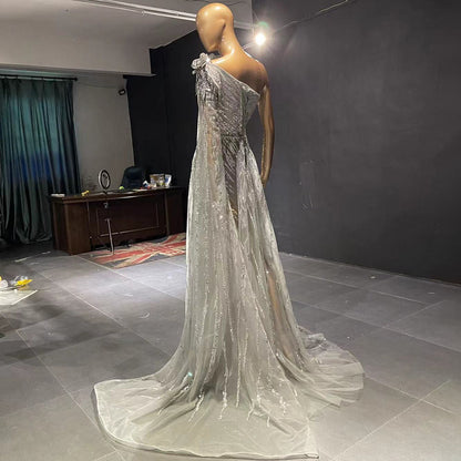 Grey Luxury Beaded A-Line Evening Dresses Gowns 2025 One Shoulder Cape Sleeve For Women Party Serene Hill LA71626 - SERENE HILL