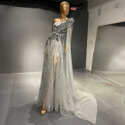 Grey Luxury Beaded A-Line Evening Dresses Gowns 2025 One Shoulder Cape Sleeve For Women Party Serene Hill LA71626 - SERENE HILL