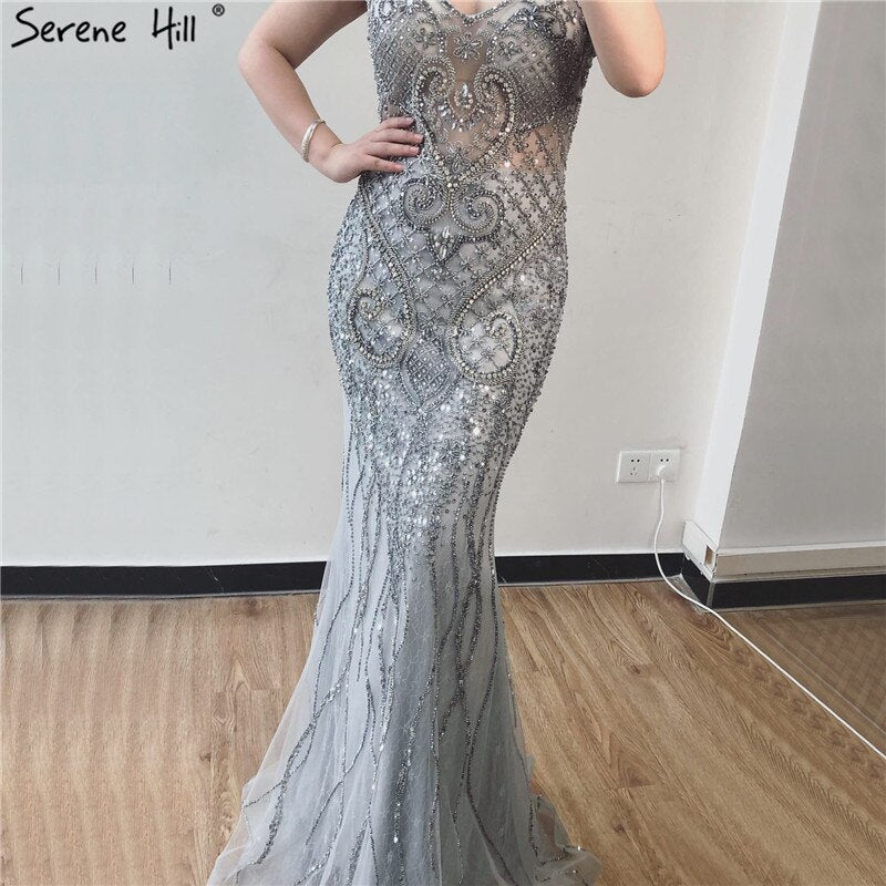 Grey Luxury V-Neck Mermaid Evening Dresses Design 2025 Dubai Full Diamond Sexy Formal Dress Serene Hill LA70063 - SERENE HILL