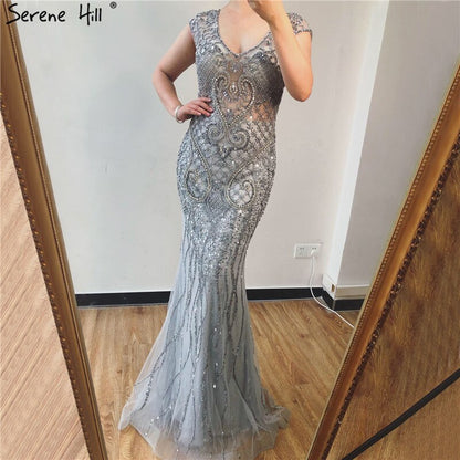 Grey Luxury V-Neck Mermaid Evening Dresses Design 2025 Dubai Full Diamond Sexy Formal Dress Serene Hill LA70063 - SERENE HILL