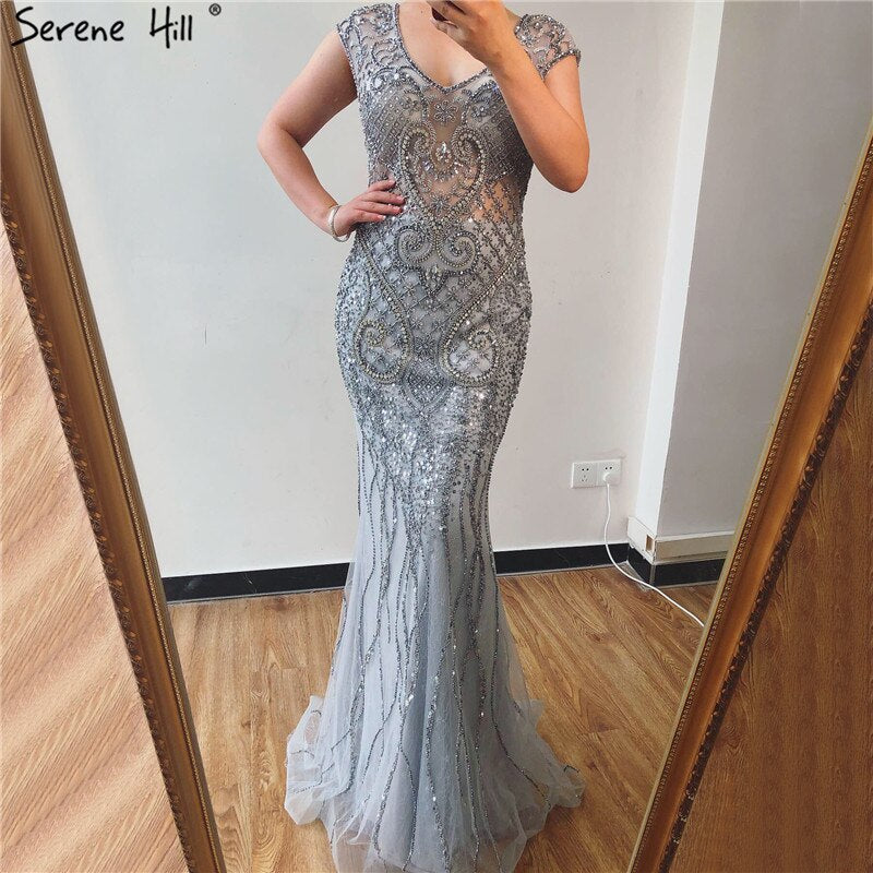 Grey Luxury V-Neck Mermaid Evening Dresses Design 2025 Dubai Full Diamond Sexy Formal Dress Serene Hill LA70063 - SERENE HILL