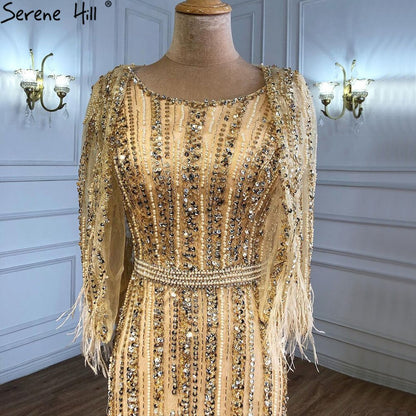 Grey Mermaid Long Sleeves Dubai Evening Dresses Luxury Diamond Beading O-Neck Formal Dress 2025 Serene Hill LA70503 - SERENE HILL