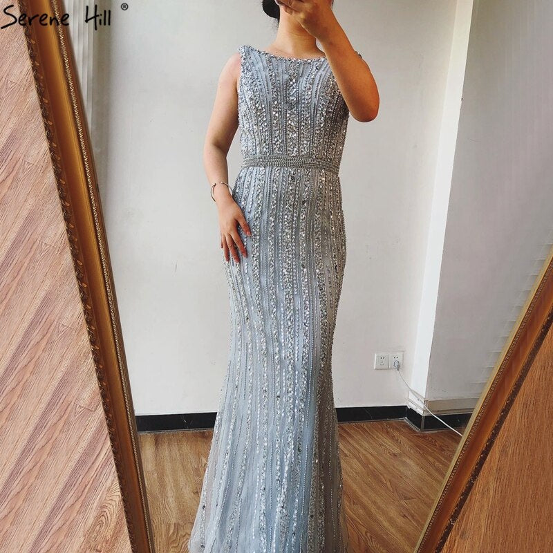 Grey Mermaid Long Sleeves Dubai Evening Dresses Luxury Diamond Beading O-Neck Formal Dress 2025 Serene Hill LA70503 - SERENE HILL
