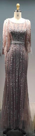 Grey Mermaid Long Sleeves Dubai Evening Dresses Luxury Diamond Beading O-Neck Formal Dress 2025 Serene Hill LA70503 - SERENE HILL