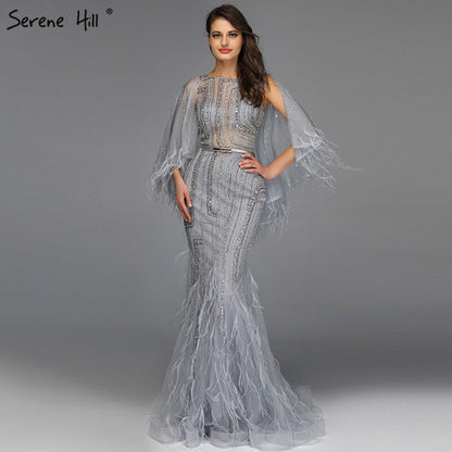On Sale no return no refundSale Grey O-Neck Feathers Crystal Evening Dresses Dubai Design Sleeveless Luxury Sexy Evening Gowns 2025 Serene Hill LA70153 - SERENE HILL