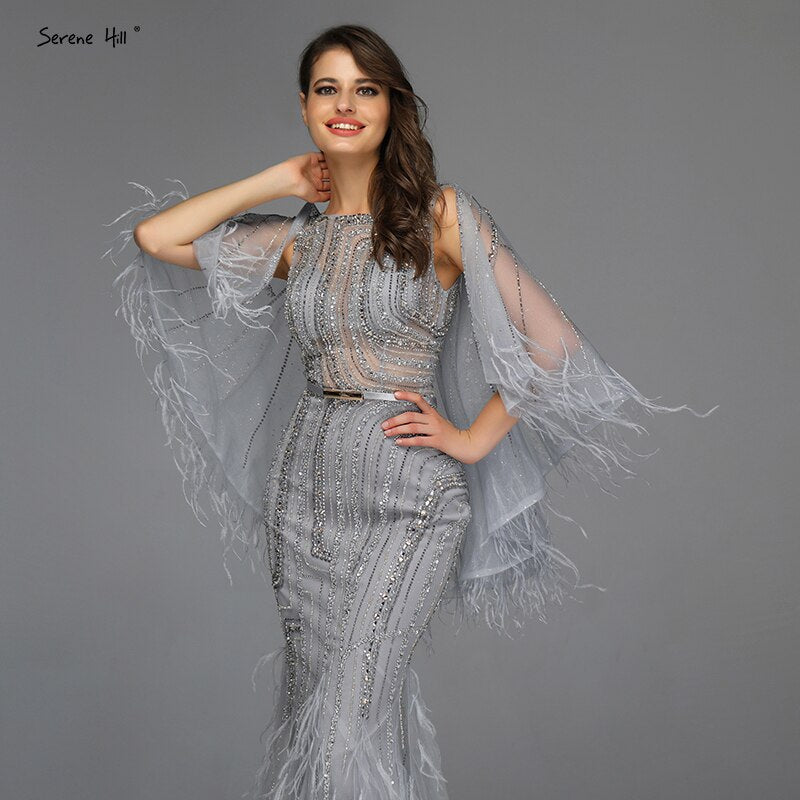 On Sale no return no refundSale Grey O-Neck Feathers Crystal Evening Dresses Dubai Design Sleeveless Luxury Sexy Evening Gowns 2025 Serene Hill LA70153 - SERENE HILL