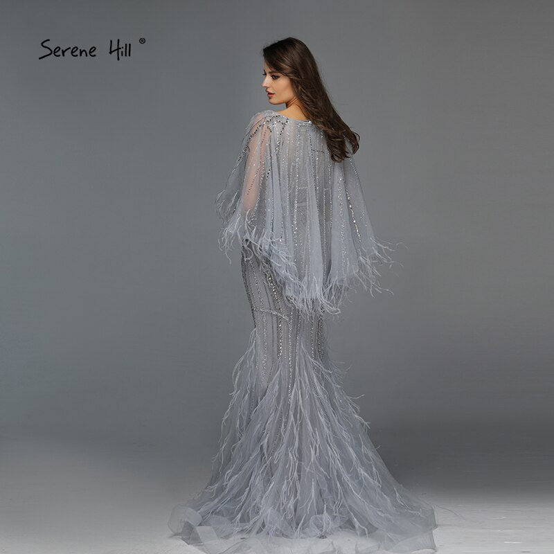 On Sale no return no refundSale Grey O-Neck Feathers Crystal Evening Dresses Dubai Design Sleeveless Luxury Sexy Evening Gowns 2025 Serene Hill LA70153 - SERENE HILL