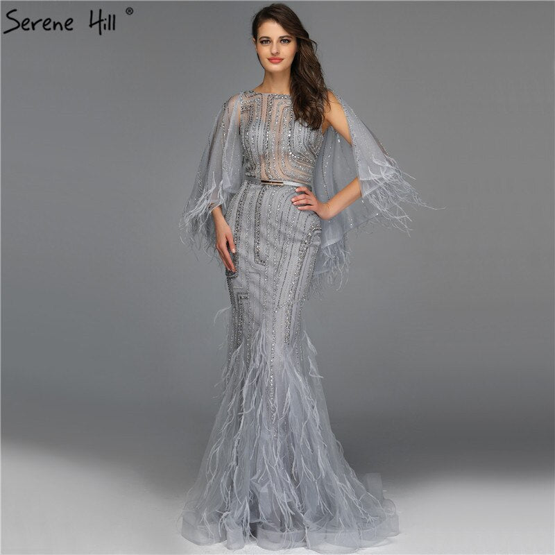 On Sale no return no refundSale Grey O-Neck Feathers Crystal Evening Dresses Dubai Design Sleeveless Luxury Sexy Evening Gowns 2025 Serene Hill LA70153 - SERENE HILL