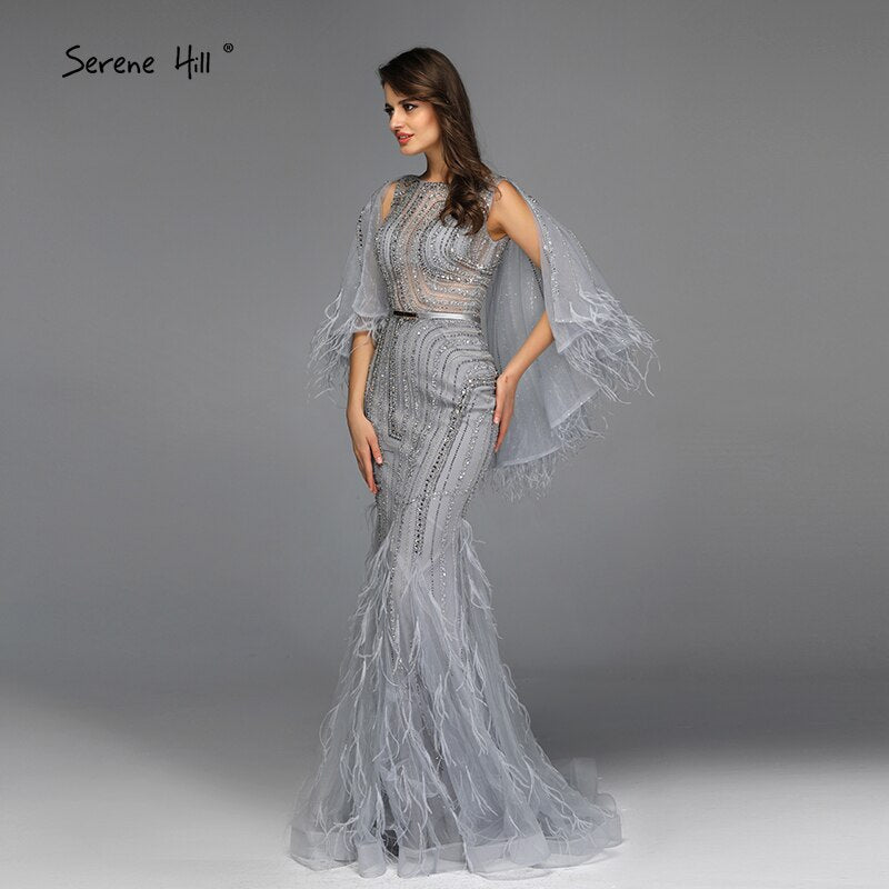 On Sale no return no refundSale Grey O-Neck Feathers Crystal Evening Dresses Dubai Design Sleeveless Luxury Sexy Evening Gowns 2025 Serene Hill LA70153 - SERENE HILL