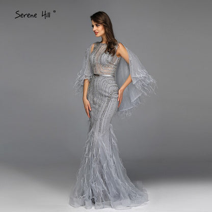On Sale no return no refundSale Grey O-Neck Feathers Crystal Evening Dresses Dubai Design Sleeveless Luxury Sexy Evening Gowns 2025 Serene Hill LA70153 - SERENE HILL