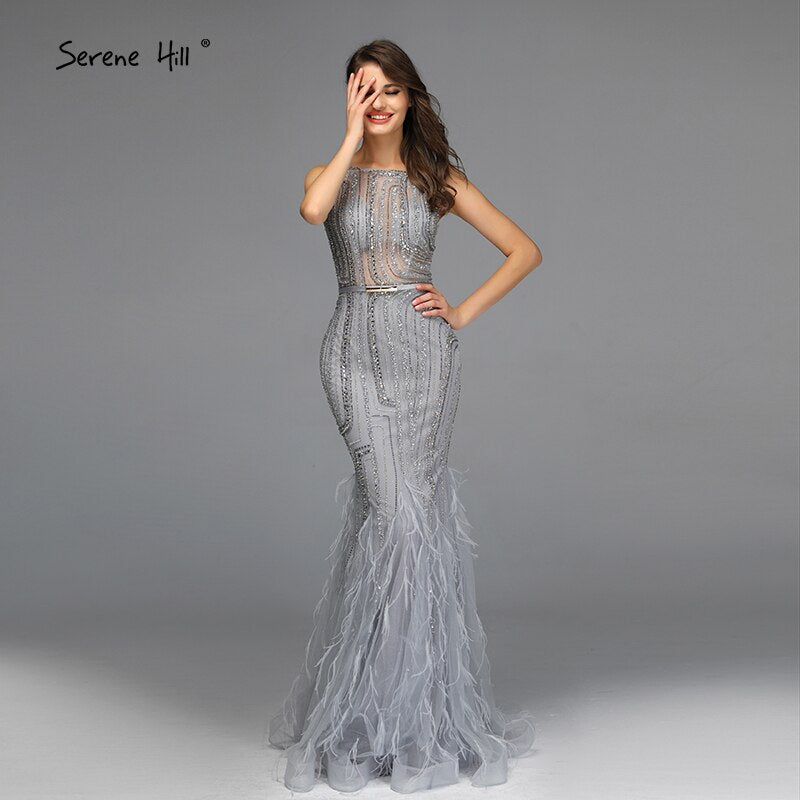 On Sale no return no refundSale Grey O-Neck Feathers Crystal Evening Dresses Dubai Design Sleeveless Luxury Sexy Evening Gowns 2025 Serene Hill LA70153 - SERENE HILL
