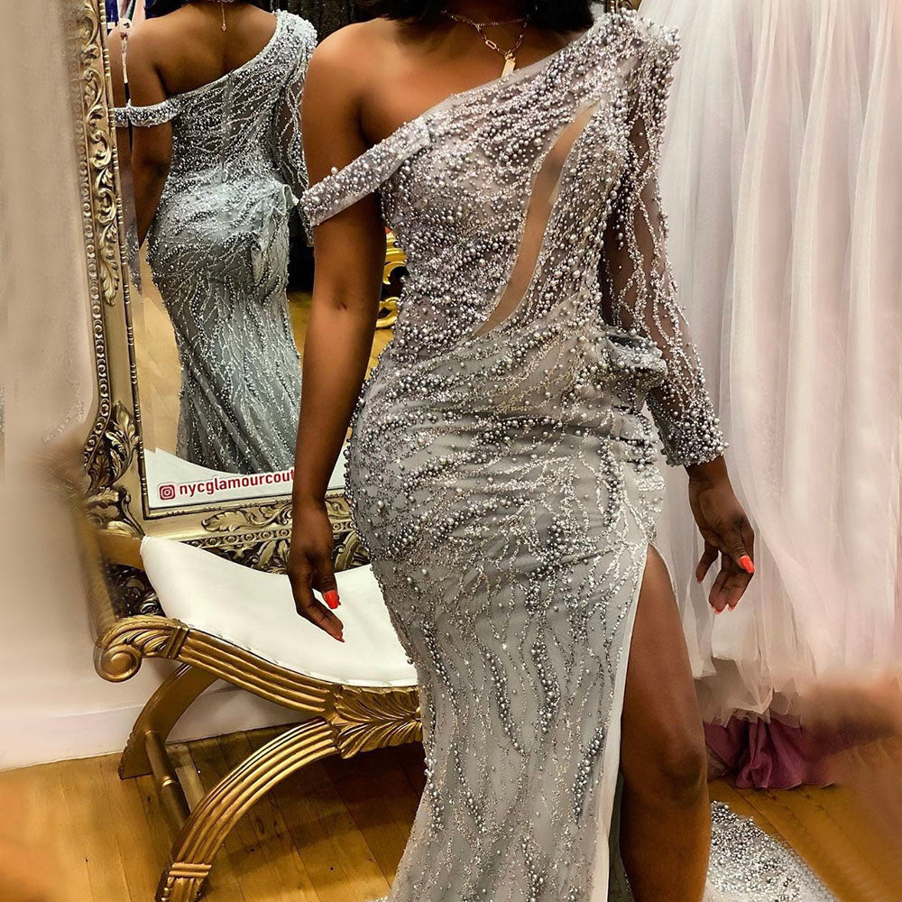 On Sale no return no refund Grey One Shoulder Luxury Evening Dresses Gowns 2025 Beaded Mermaid Elegant For Women Party Serene Hill LA71622 - SERENE HILL