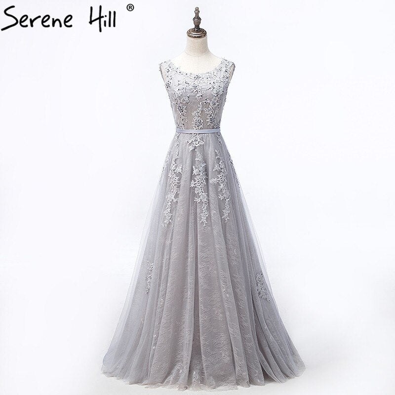 On Sale no return no refundSale Grey Sexy Backless Tulle A-Line Evening Gowns Beading Appliques Sleeveless Formal Party Dress 2025 Serene Hill HA2152 - SERENE HILL