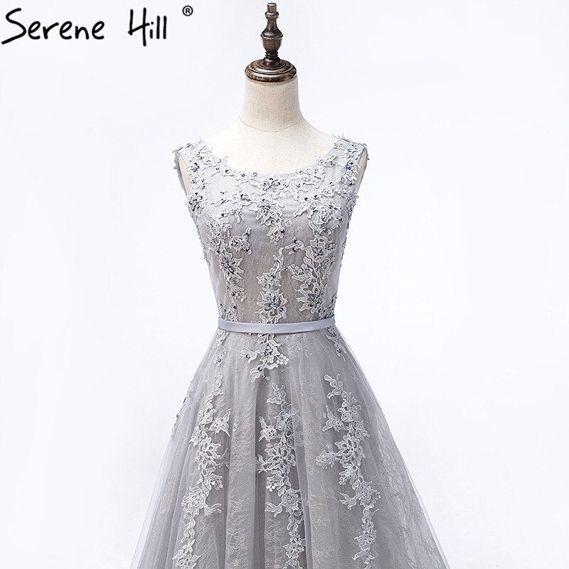 On Sale no return no refundSale Grey Sexy Backless Tulle A-Line Evening Gowns Beading Appliques Sleeveless Formal Party Dress 2025 Serene Hill HA2152 - SERENE HILL