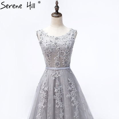 On Sale no return no refundSale Grey Sexy Backless Tulle A-Line Evening Gowns Beading Appliques Sleeveless Formal Party Dress 2025 Serene Hill HA2152 - SERENE HILL