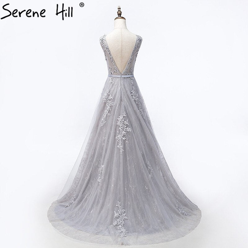 On Sale no return no refundSale Grey Sexy Backless Tulle A-Line Evening Gowns Beading Appliques Sleeveless Formal Party Dress 2025 Serene Hill HA2152 - SERENE HILL