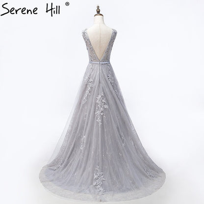 On Sale no return no refundSale Grey Sexy Backless Tulle A-Line Evening Gowns Beading Appliques Sleeveless Formal Party Dress 2025 Serene Hill HA2152 - SERENE HILL