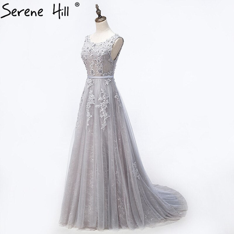 On Sale no return no refundSale Grey Sexy Backless Tulle A-Line Evening Gowns Beading Appliques Sleeveless Formal Party Dress 2025 Serene Hill HA2152 - SERENE HILL