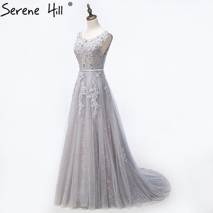 On Sale no return no refundSale Grey Sexy Backless Tulle A-Line Evening Gowns Beading Appliques Sleeveless Formal Party Dress 2025 Serene Hill HA2152 - SERENE HILL