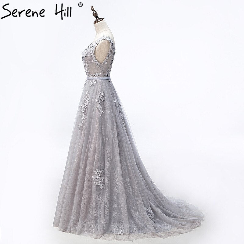 On Sale no return no refundSale Grey Sexy Backless Tulle A-Line Evening Gowns Beading Appliques Sleeveless Formal Party Dress 2025 Serene Hill HA2152 - SERENE HILL