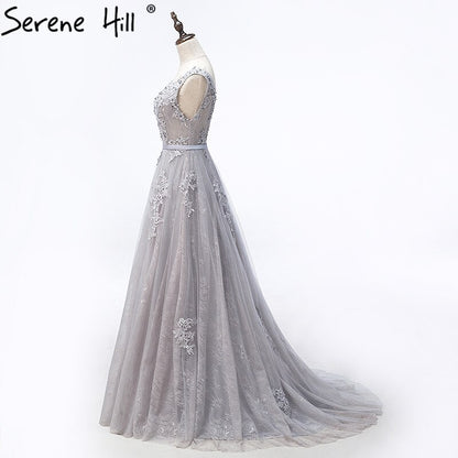 On Sale no return no refundSale Grey Sexy Backless Tulle A-Line Evening Gowns Beading Appliques Sleeveless Formal Party Dress 2025 Serene Hill HA2152 - SERENE HILL