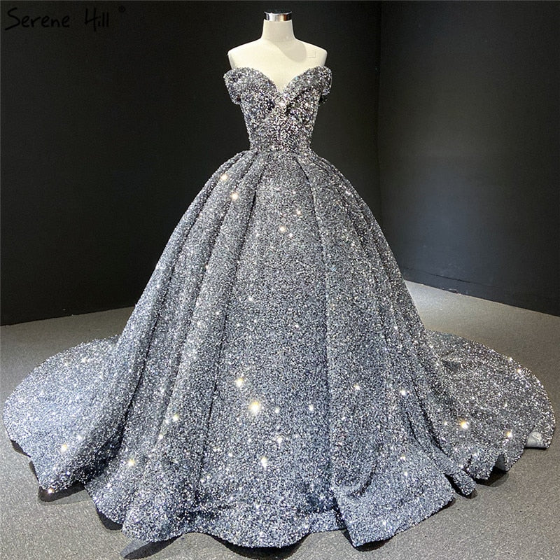 Grey Silver Sequined Wedding Dresses 2025 Dubai Sleeveess Sexy Luxury Bridal Gowns Serene Hill HM66742 Custom Made - SERENE HILL