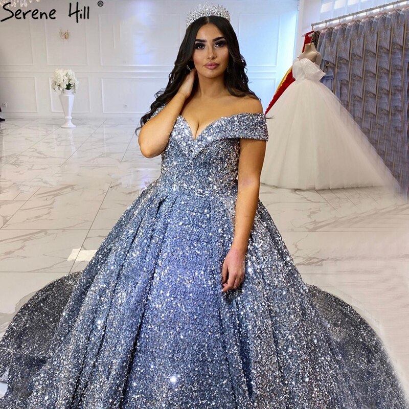 Grey Silver Sequined Wedding Dresses 2025 Dubai Sleeveess Sexy Luxury Bridal Gowns Serene Hill HM66742 Custom Made - SERENE HILL