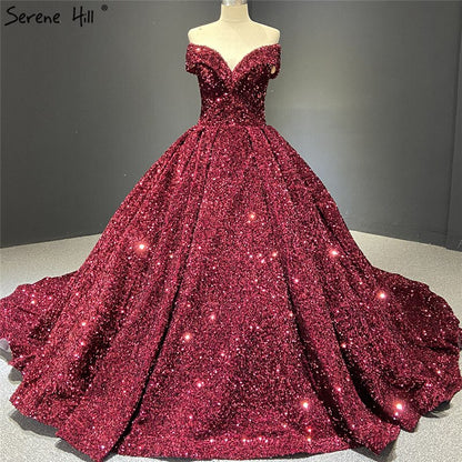 Grey Silver Sequined Wedding Dresses 2025 Dubai Sleeveess Sexy Luxury Bridal Gowns Serene Hill HM66742 Custom Made - SERENE HILL