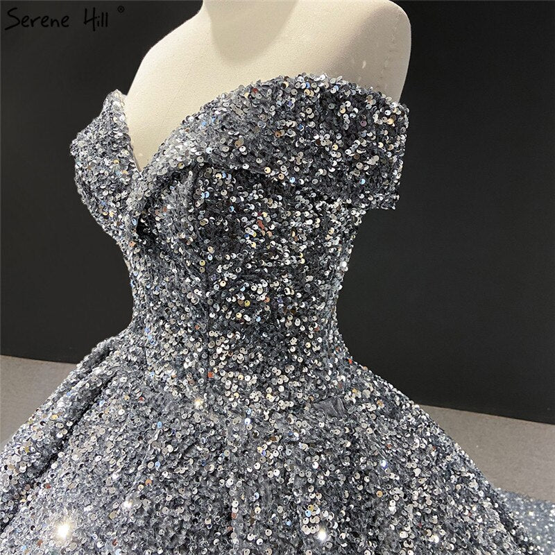 Grey Silver Sequined Wedding Dresses 2025 Dubai Sleeveess Sexy Luxury Bridal Gowns Serene Hill HM66742 Custom Made - SERENE HILL