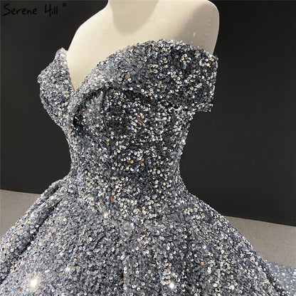 Grey Silver Sequined Wedding Dresses 2025 Dubai Sleeveess Sexy Luxury Bridal Gowns Serene Hill HM66742 Custom Made - SERENE HILL