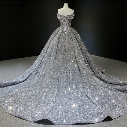 Grey Silver Sequined Wedding Dresses 2025 Dubai Sleeveess Sexy Luxury Bridal Gowns Serene Hill HM66742 Custom Made - SERENE HILL