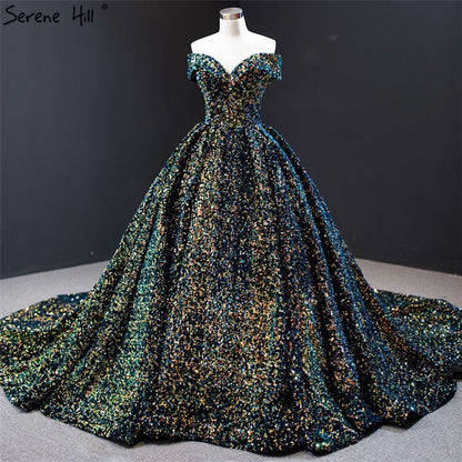 Grey Silver Sequined Wedding Dresses 2025 Dubai Sleeveess Sexy Luxury Bridal Gowns Serene Hill HM66742 Custom Made - SERENE HILL