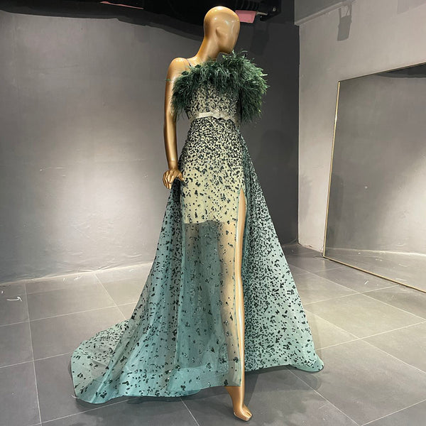 Groen Luxe A-lijn Hoge Split Avond Jurken 2025 Kralen Veer Elegant Mermaid Voor Vrouwen Party Serene Hill LA71570