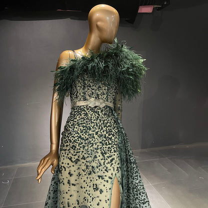Groen Luxe A-lijn Hoge Split Avond Jurken 2025 Kralen Veer Elegant Mermaid Voor Vrouwen Party Serene Hill LA71570 - SERENE HILL