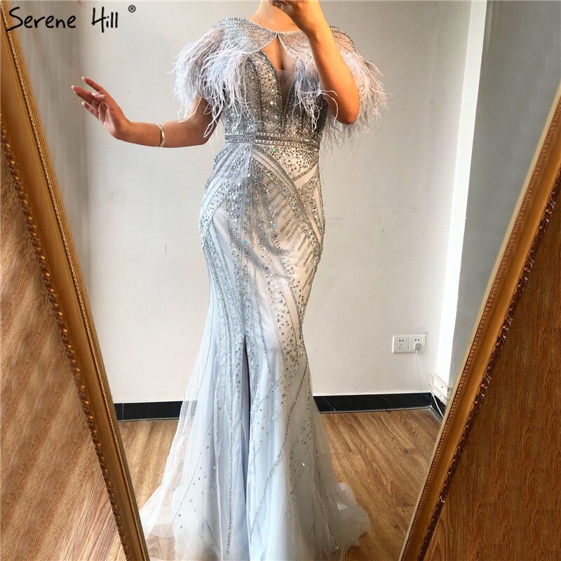 On Sale no return no refundSale Silver Feathers Shawl Yarn Sexy Evening Dresses 2025 Dubai Mermaid V-Neck Beading Diamond Formal Dress Serene Hill LA70355 - SERENE HILL